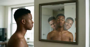 a man looking in a mirror with himself with different self expressions