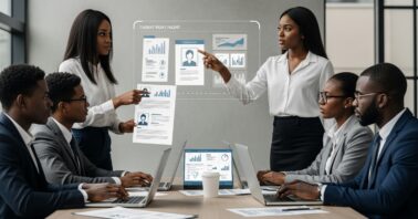 An AI image of a team of black hiring professionals checking out a list of candidates