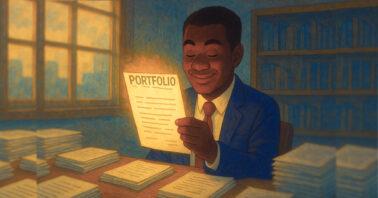 a man smiling nicely at his portfolio paper in his hand