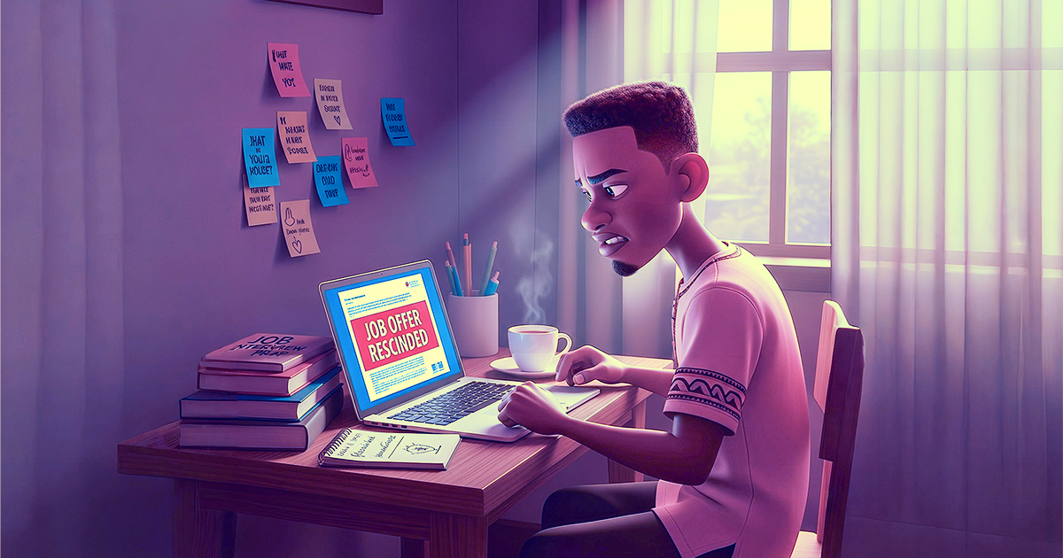an illustratio of a young man looking at his laptop after his job offer has been rescinded