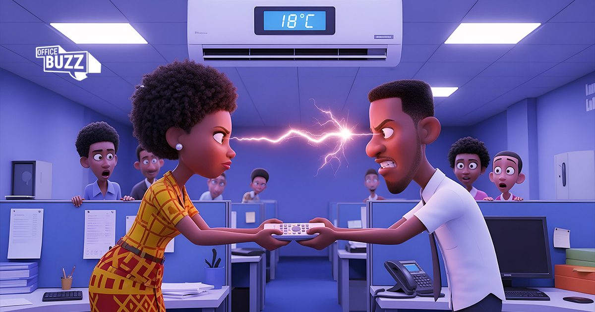 an illustration of of two work colleagues black man and black woman fighting over a remote