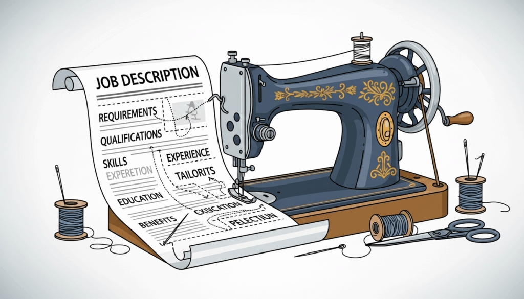 a vector illustration of a sewing machine sewing a job description. How to answer behavioural interview questions. 