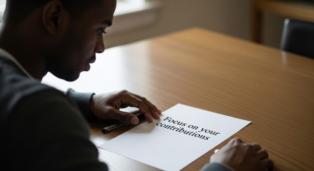 a black man looking sternly at a paper written on it focus on your contributions. He's practicing how to answer  behavioural interview questions. 