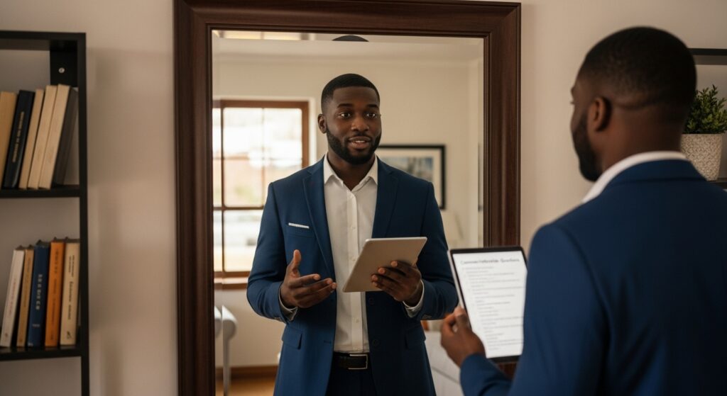 A black man practicing in front of a mirror practicing how to answer behavioural interview questions. 