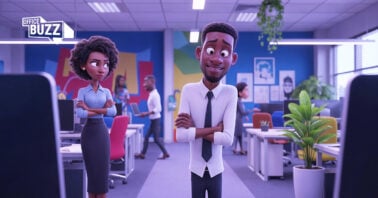 An illustration of a young mana and a woman at work