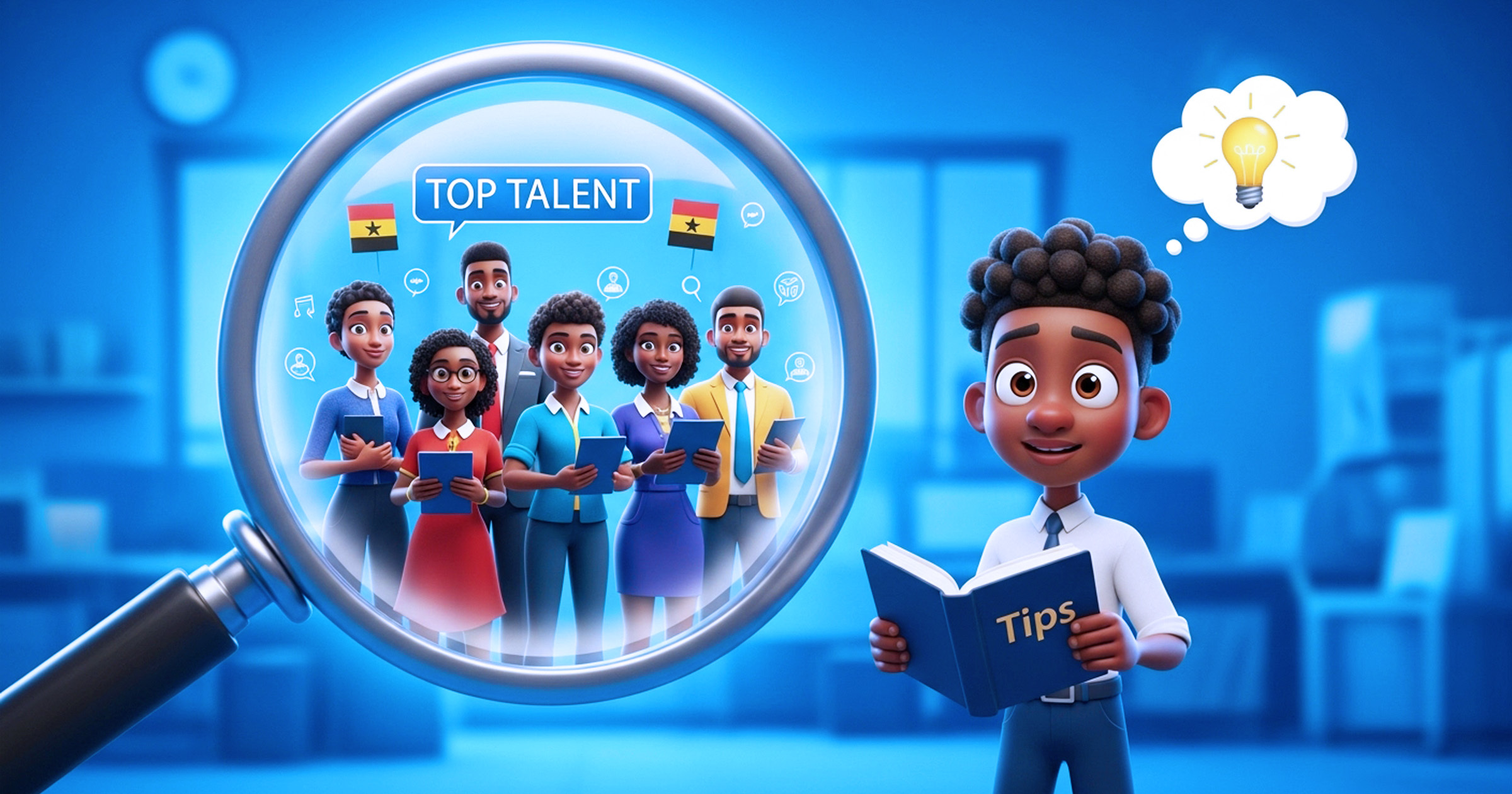 an illustration of a group of black talents in an office