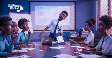 An illustration of a boardroom full of people looking surprised as one guy giving the presentation looks like he's falling down