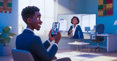 an illustration of a young man holding his phone and sitting in front of a laptop having a supposed interview