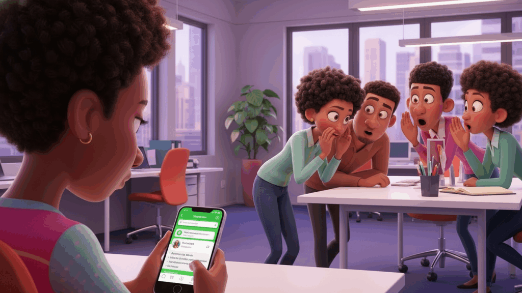 a pixar image of a group of professionals gossiping about their female colleague