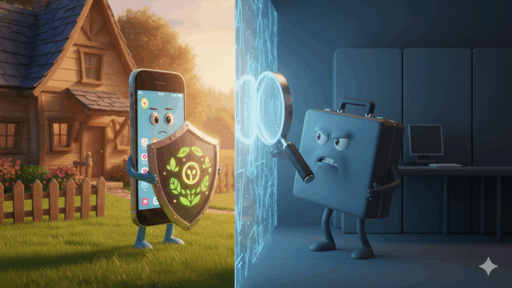 a pixar style image of a smartphone holding a shield against a suitcase holding a googles.