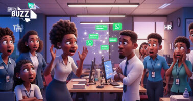 a pixar image of professionals arguing with a logo on the top left named office buzz