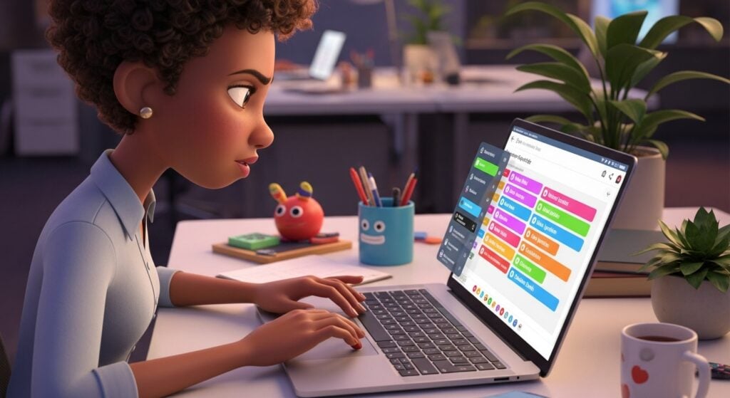 a pixar-style image of a woman working on her laptop