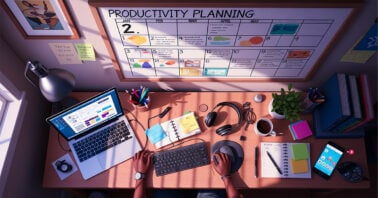 a pixar style image of a guy in a busy looking office space