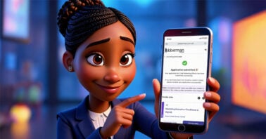 an illustration of a young lady holding a phone with Jobberman Ghana on the screen