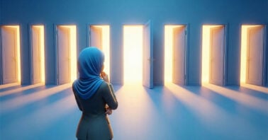 a young woman in hijab looking at a bar of open doors