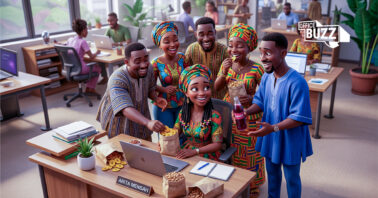 an illustration of an office space with people chatting