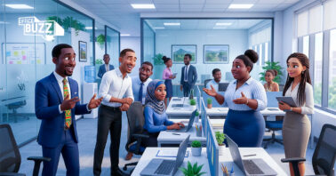 A group of young professionals talking to each other