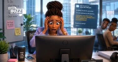 a young girl called Debby is seated in front of her desktop looking surprised as she forgets to edit an email AI output