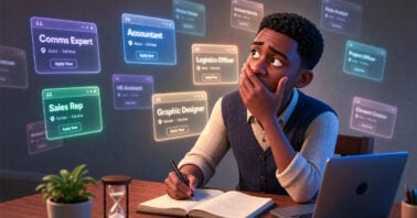 A young Ghanaian professional sitting at a desk, overwhelmed by multiple floating job listing cards showing roles like Accountant, Sales Rep, Graphic Designer, and Logistics Officer — illustrating the challenge of finding the right job in Ghana's competitive market.