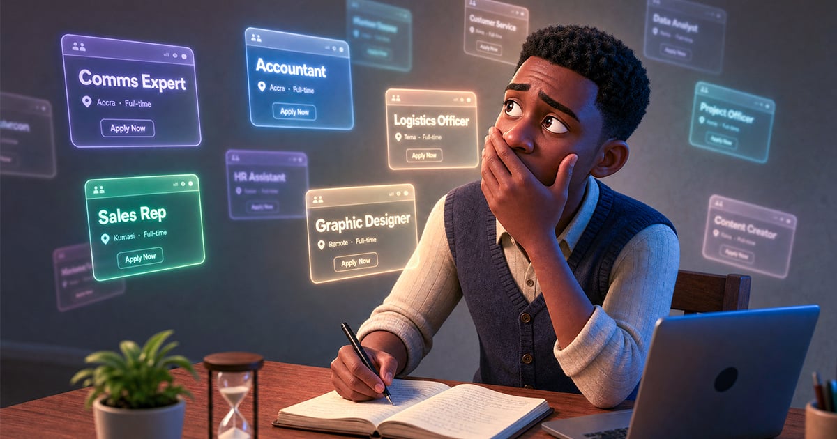 A young Ghanaian professional sitting at a desk, overwhelmed by multiple floating job listing cards showing roles like Accountant, Sales Rep, Graphic Designer, and Logistics Officer — illustrating the challenge of finding the right job in Ghana's competitive market.