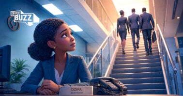 career stagnation- three professionals walking up a staircase as a young black woman looks on