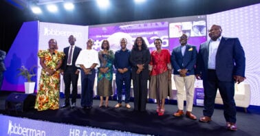 Panel 1 discussion on Ethical and Responsible AI Governance at the HR & CEO Wave Summit 2026, organized by Jobberman Ghana at the Mövenpick Ambassador Hotel, Accra. Featuring insights from industry leaders Ethel Cofie, Deborah Asmah, Mrs. Adjoa Van Vicker, and Nana Kwabena Yeboah.