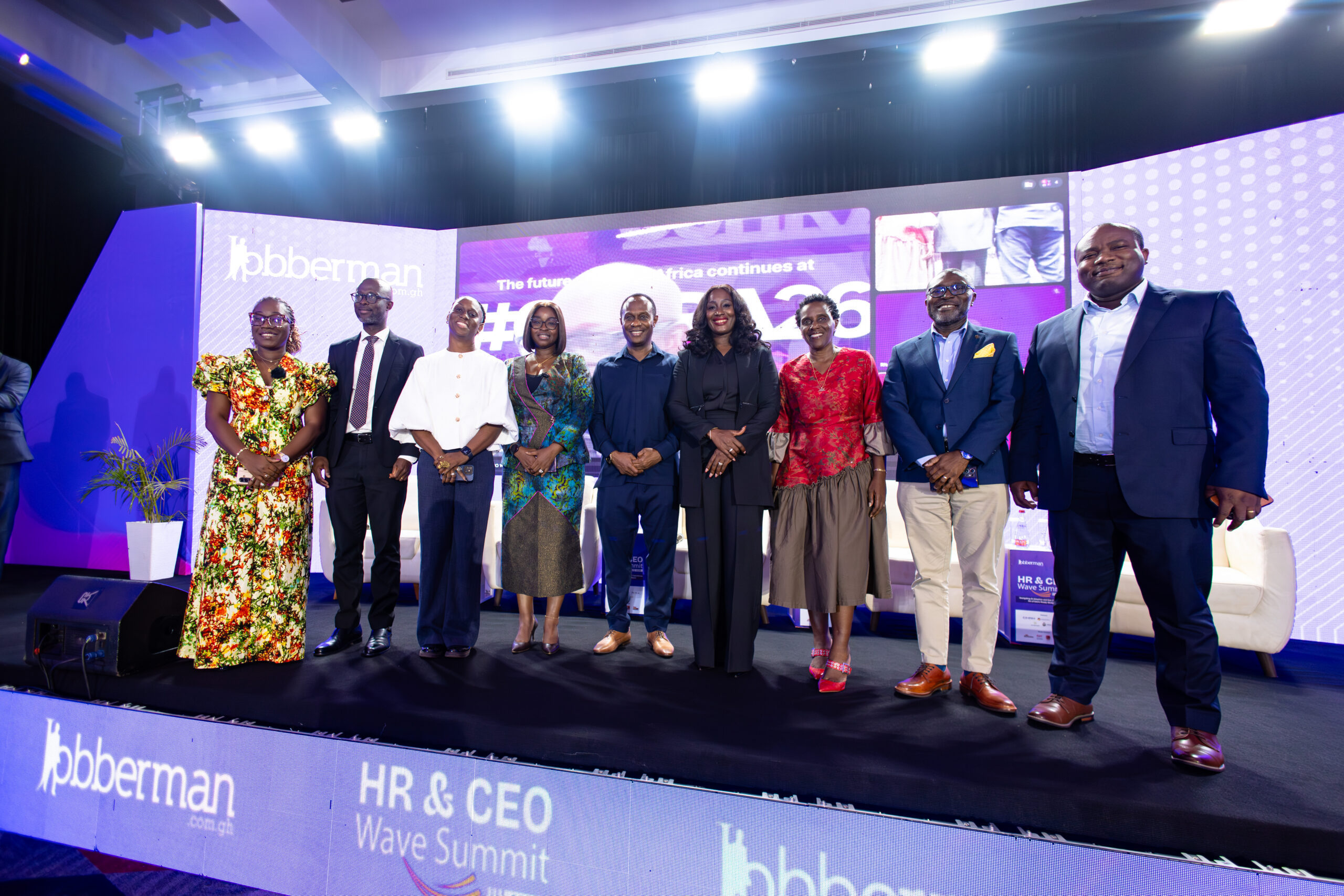 Panel 1 discussion on Ethical and Responsible AI Governance at the HR & CEO Wave Summit 2026, organized by Jobberman Ghana at the Mövenpick Ambassador Hotel, Accra. Featuring insights from industry leaders Ethel Cofie, Deborah Asmah, Mrs. Adjoa Van Vicker, and Nana Kwabena Yeboah.