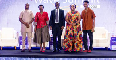 Panelists and business leaders standing together on stage at the HR and CEO Wave Summit 2026 hosted by Jobberman Ghana.