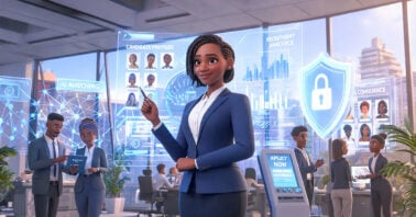 A pixar-style illustration of AI and recruitment with a woman standing in as a HR