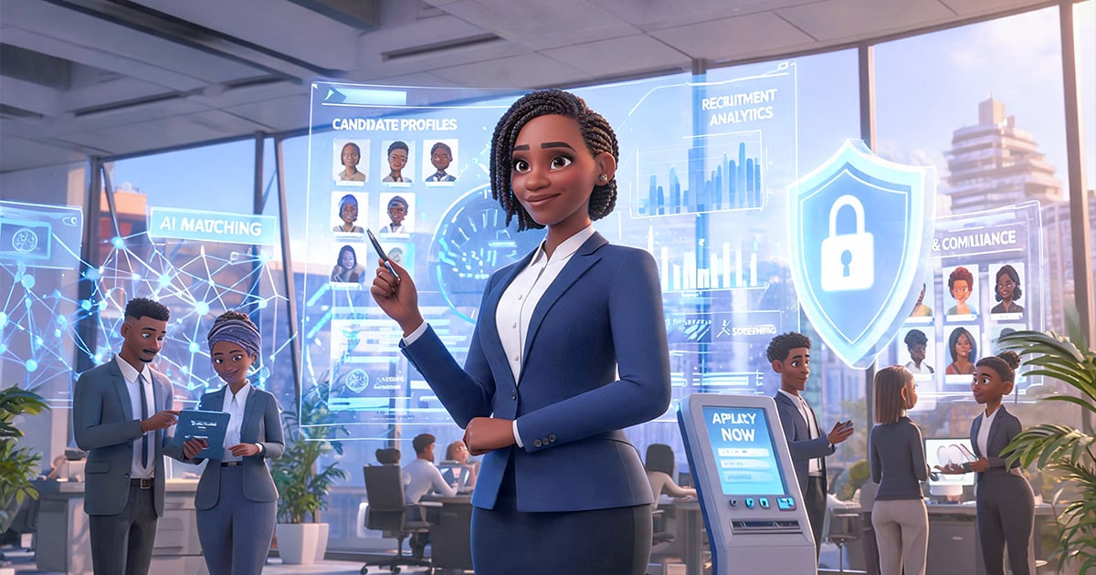 A pixar-style illustration of AI and recruitment with a woman standing in as a HR