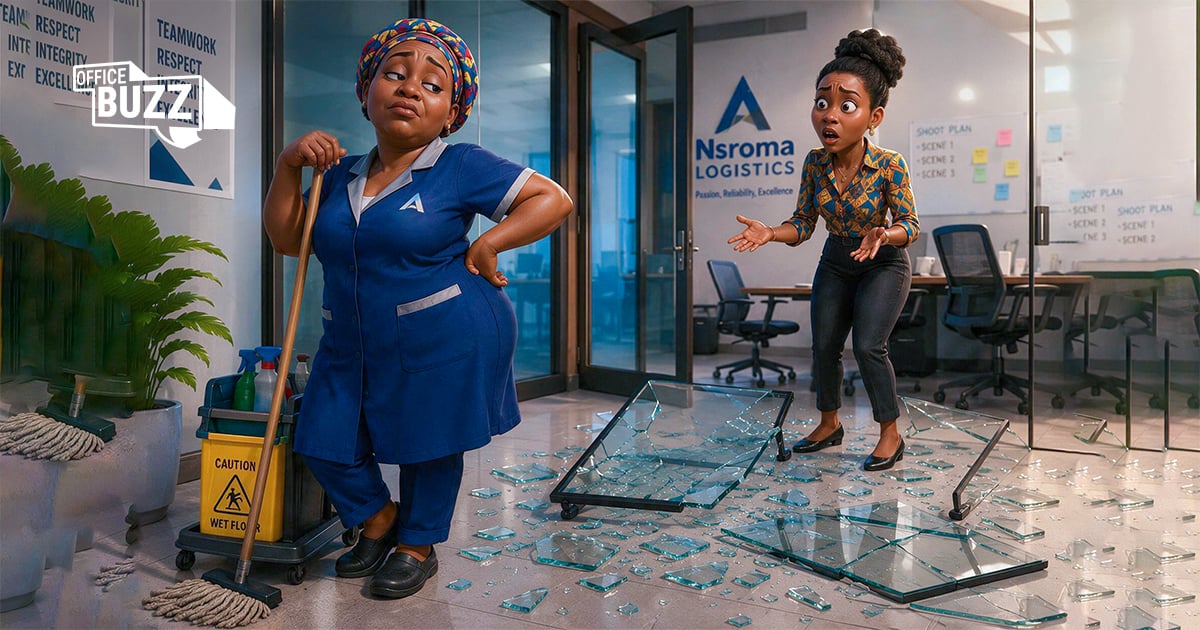 An office cleaner at Nsoroma Logistics working during her shift, representing post-probation workplace performance and attitude shifts.