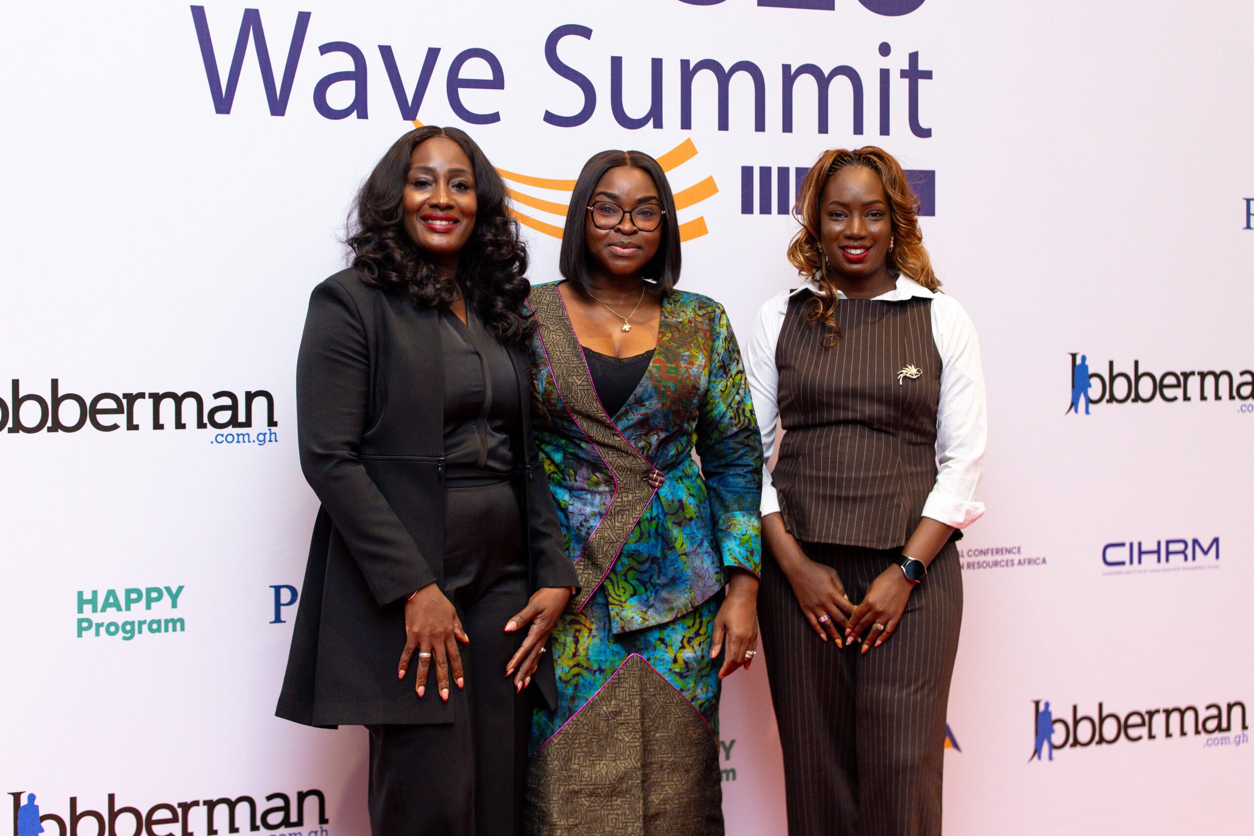 Left to right: MD of Jobberman Ghana, panelist Adjoa Van Vicker, and Head of Marketing Jemima Ashietey at the HR & CEO Wave Summit 2026.