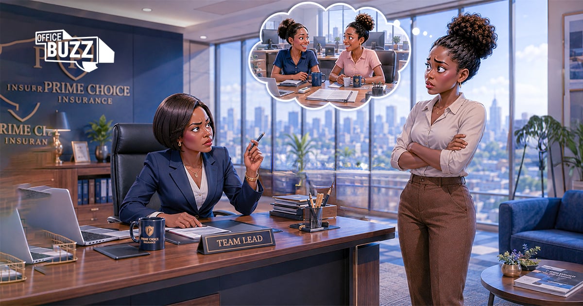 Two female colleagues sitting at an office desk discussing work in a corporate setting