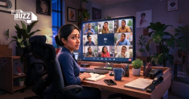 A virtual video conference meeting grid on a laptop screen with one attendee's camera turned off.