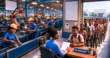 Modern manufacturing facility workers and technical personnel collaborating in Ghana