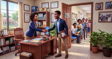 School administrator interviewing a teacher candidate for a private school recruitment role in Ghana.