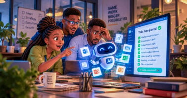 Diverse team of professionals looking at a digital interface showing artificial intelligence tools and workflow icons in a modern office, illustrating AI's impact on work.