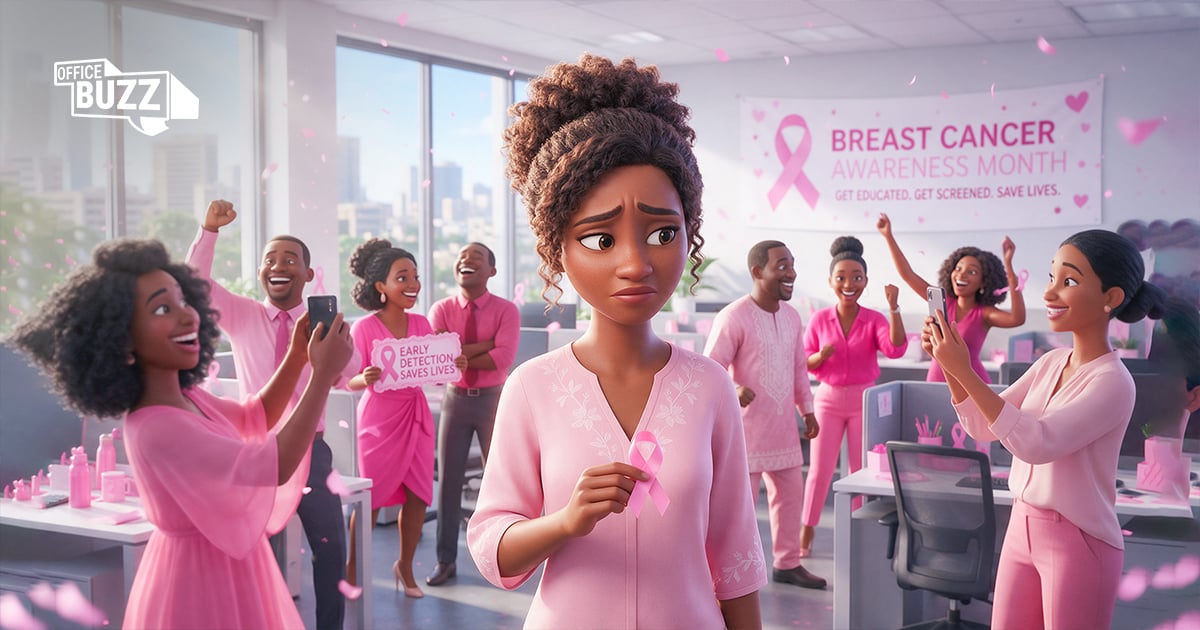 Colleagues discussing Breast Cancer Awareness Month workplace activities and health education in an office