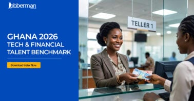 Bank teller serving a customer at a bank counter, illustrating Ghana's 2026 tech and financial talent market.
